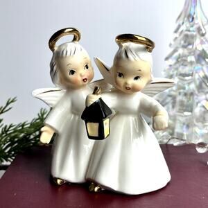 Vintage 40s Lenwile Ardalt Angels White Dresses Gold AccentsHolding Lantern Halo